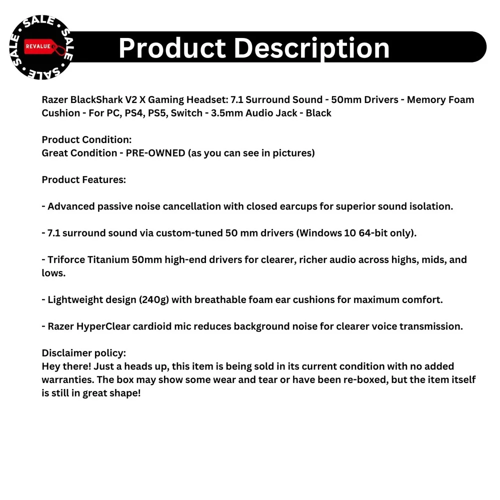 Razer BlackShark V2 X Gaming Headset 7.1‎ Surround Sound 50mm Drivers 3.5mm Jack
